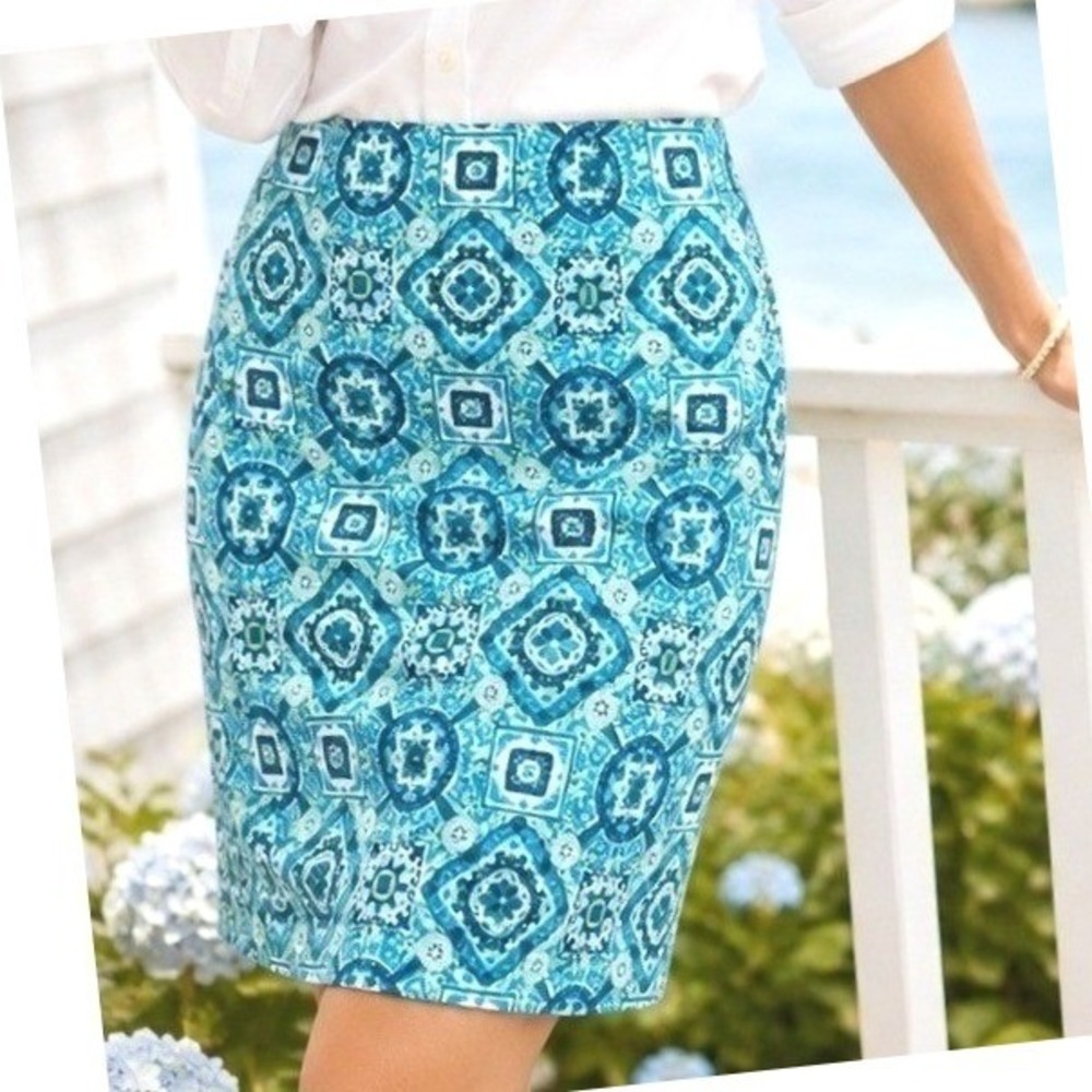 Talbots Pencil Skirt‎ Blue Green Medallion Tile Print Cotton Blend Lined Size 8